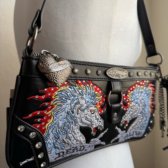 Ed Hardy Handbags - Ed Hardy Black Shoulder Bag with Embroidered Unicorns